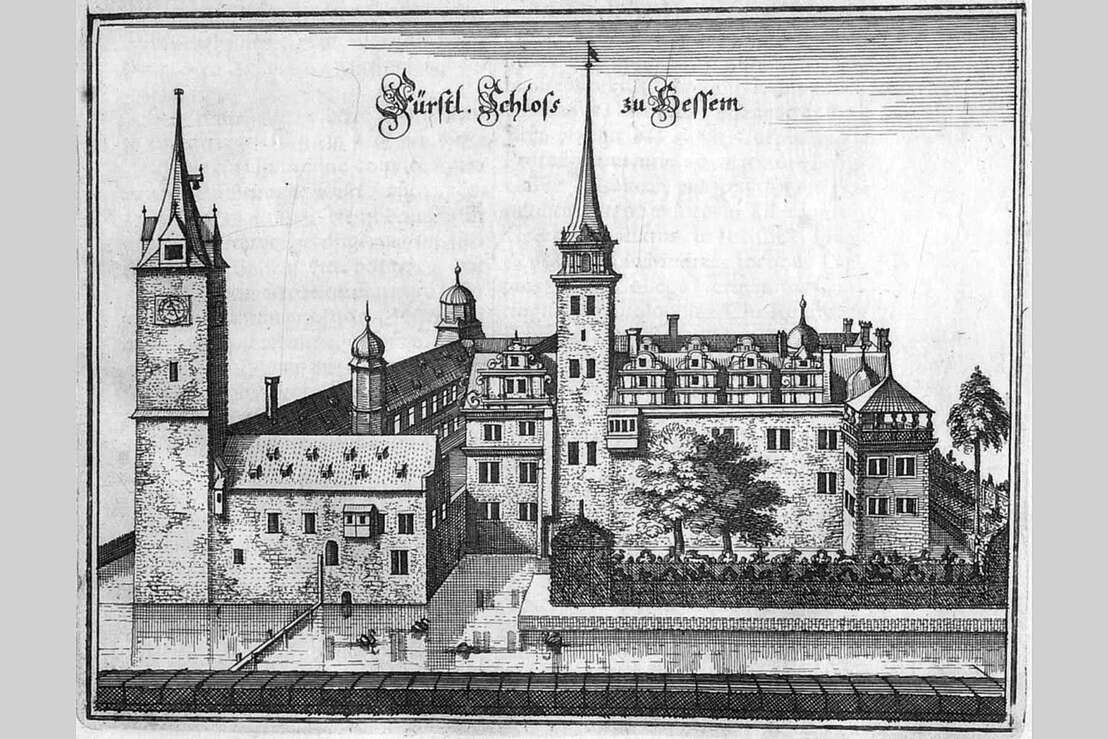 Merian Stich von 1650 - Schloss Hessen mit Wassergraben