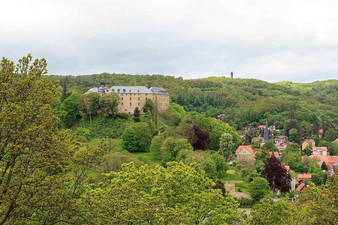 Blick von der Teufelsmauer zum Schloss